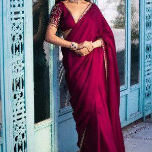 Wine Satin Embroidered Saree