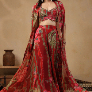 Red Georgette Embroidered Bustier-Skirt with Cape 3-Piece Co-ord Kurti Set