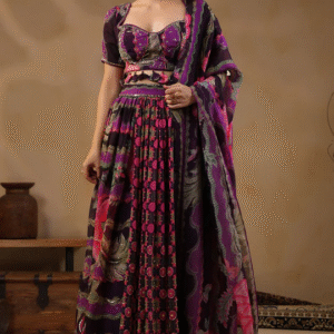 Purple Georgette Floral Printed Lehenga Set With Embroidery