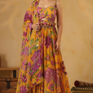 Mustard Georgette Floral Printed Lehenga Set With Embroidery